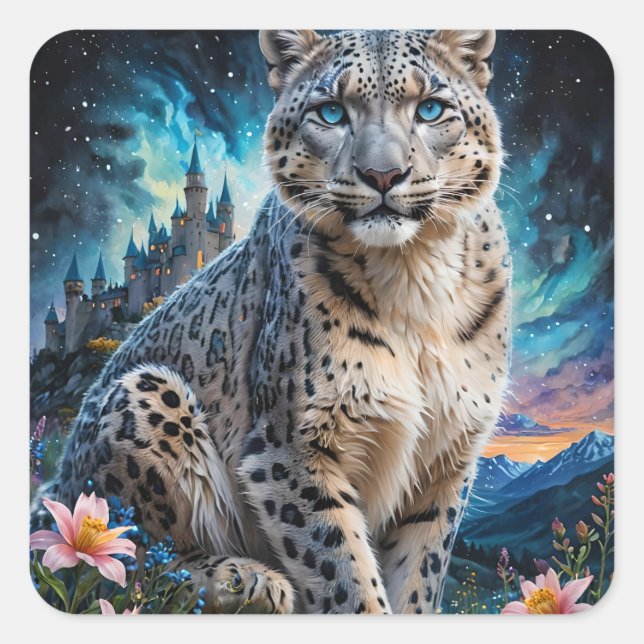 Snow Leopard Mountain Castle Starry Sky Square Sticker (Front)