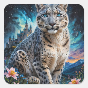 Snow Leopard Mountain Castle Starry Sky Square Sticker