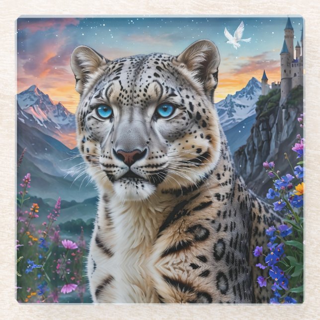 Snow Leopard Mountain Valley Sunset Glass Coaster (Front)