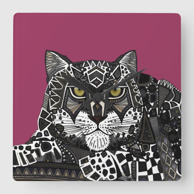 snow leopard pink square wall clock (Front)