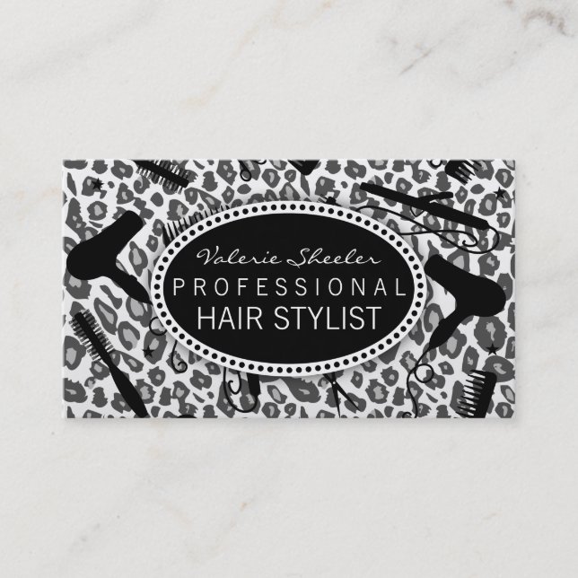 Snow Leopard Print Hair Salon Tools (Custom) Business Card (Front)