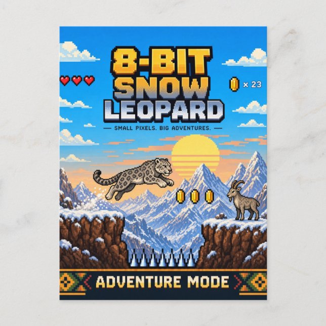 Snow Leopard, Retro 8-Bit Pixel Art Postcard (Front)