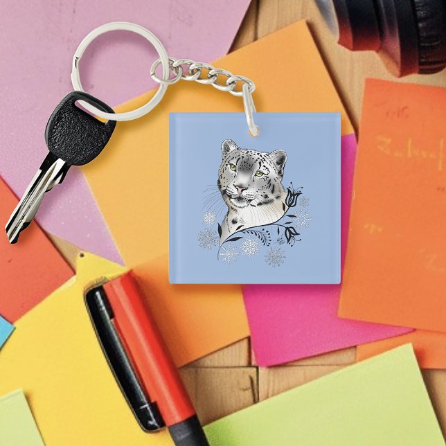 Snow Leopard Snowflakes Blue Flowers Key Ring (Creator Uploaded)