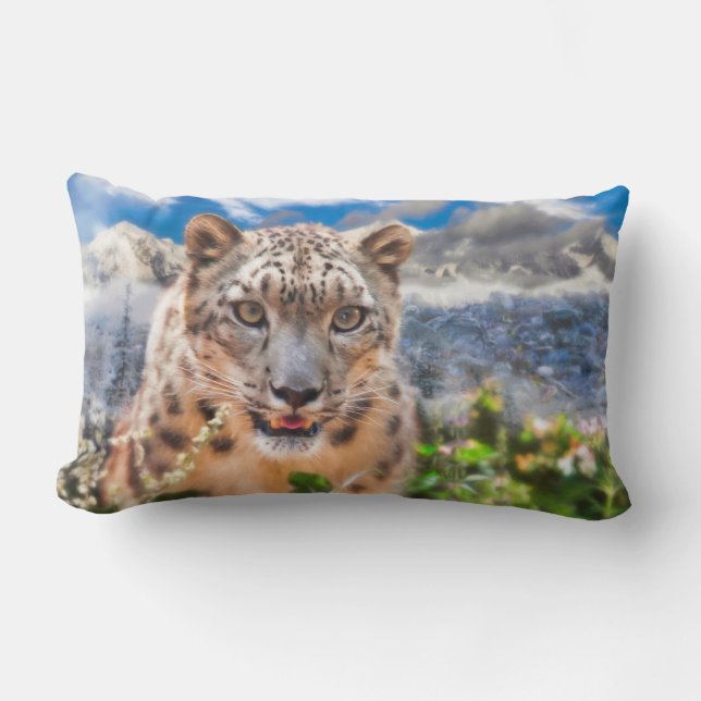 SNOW LEOPARD SPRINGTIME FLOWERS LUMBAR CUSHION (Front)