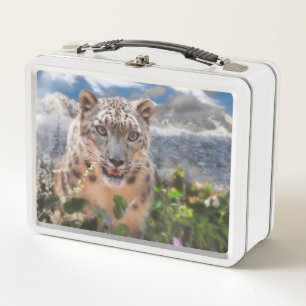 SNOW LEOPARD SPRINGTIME FLOWERS METAL LUNCH BOX
