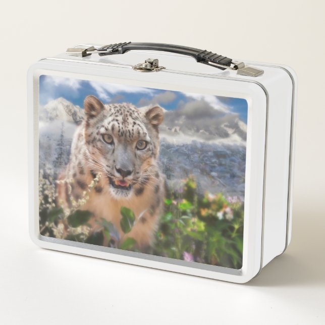 SNOW LEOPARD SPRINGTIME FLOWERS METAL LUNCH BOX (Front)