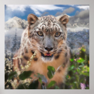 SNOW LEOPARD SPRINGTIME FLOWERS POSTER