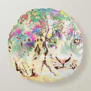Snow leopard tropical flowers Hawaiian animal Round Cushion