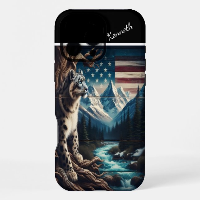 Snow Leopard Under a Starry Flag iPhone Case (Back)
