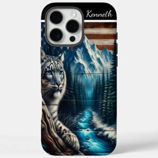 Snow Leopard Under an American Flag iPhone 16 Pro Max Case
