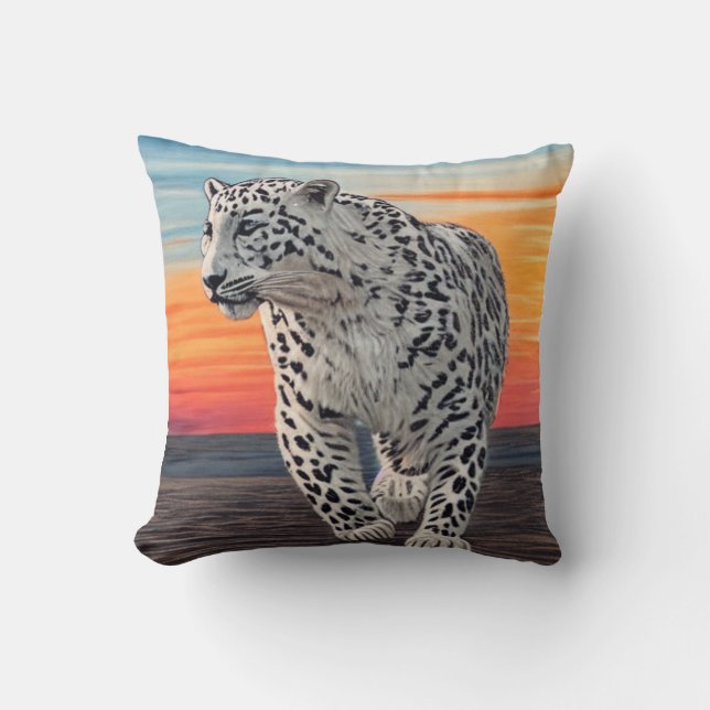 Snow Leopard Walking on the Beach During a Sunset Cushion (Front)