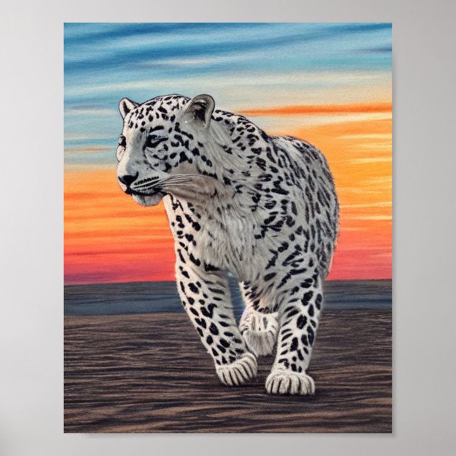 Snow Leopard Walking on the Beach During a Sunset Poster (Front)