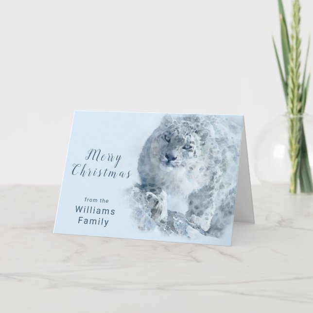 Snow Leopard Watercolor Christmas Card (Front)