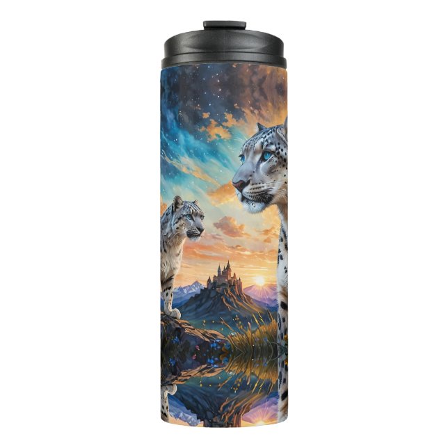 Snow Leopard Wildfire Sunrise reflection Thermal Tumbler (Front)