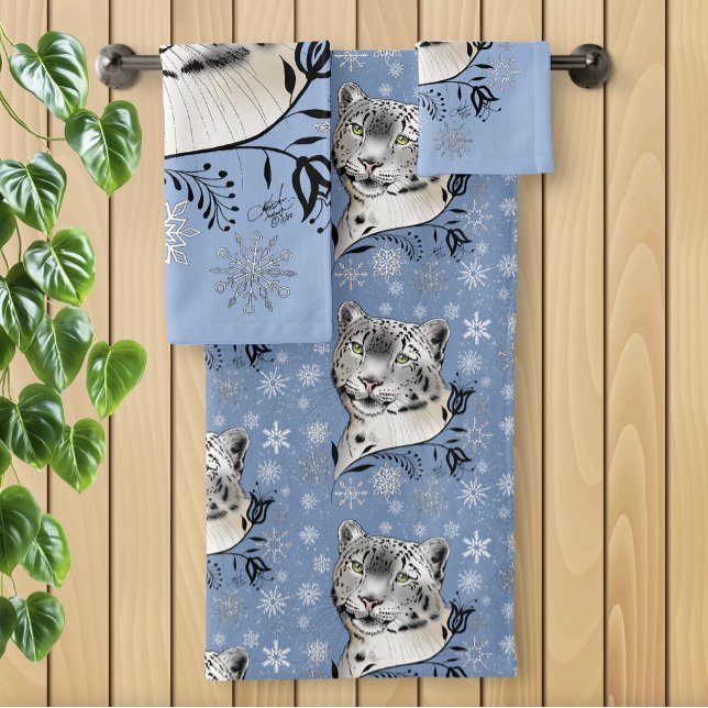 Snow Leopard Winter Elegance Blue Snowflakes Bath Towel Set (Creator Uploaded)