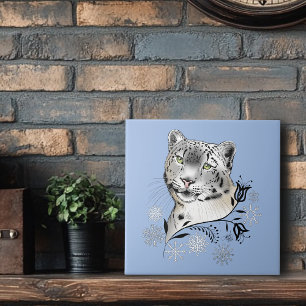 Snow Leopard Winter Elegance Blue Snowflakes Ceramic Tile