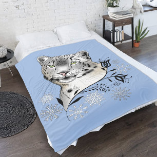 Snow Leopard Winter Elegance Blue Snowflakes Fleece Blanket