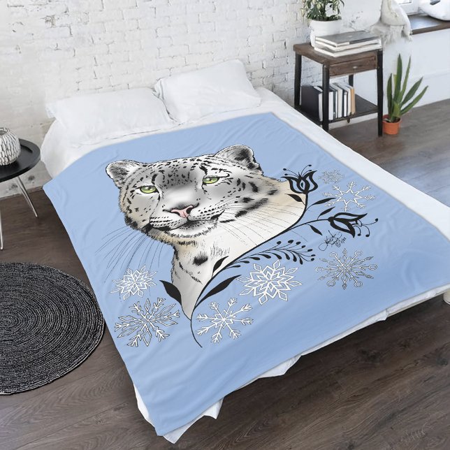 Snow Leopard Winter Elegance Blue Snowflakes Fleece Blanket (Creator Uploaded)