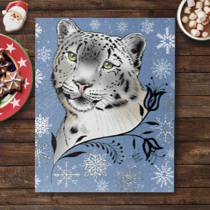 Snow Leopard Winter Elegance Blue Snowflakes Jigsaw Puzzle