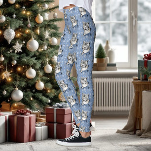 Snow Leopard Winter Elegance Blue Snowflakes Leggings