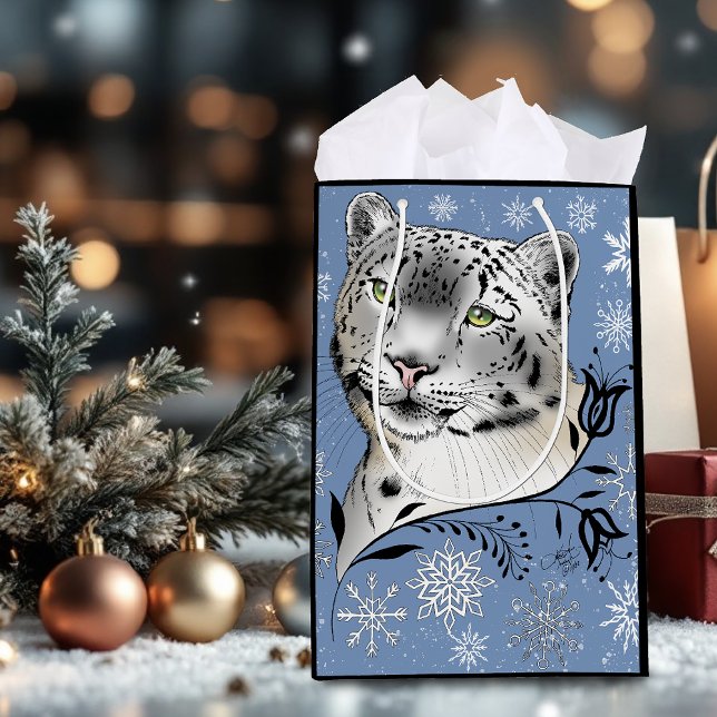 Snow Leopard Winter Elegance Blue Snowflakes Medium Gift Bag (Creator Uploaded)