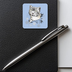 Snow Leopard Winter Elegance Blue Snowflakes Square Sticker