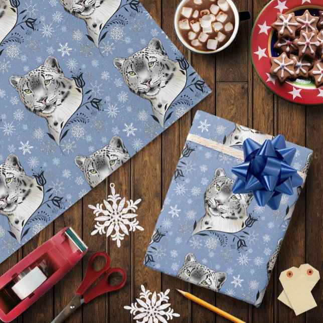 Snow Leopard Winter Elegance Blue Snowflakes Wrapping Paper (Creator Uploaded)