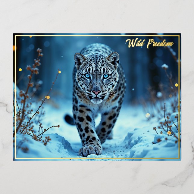 Snow leopard winter majestic blue-eyed predator foil holiday postcard (Front)