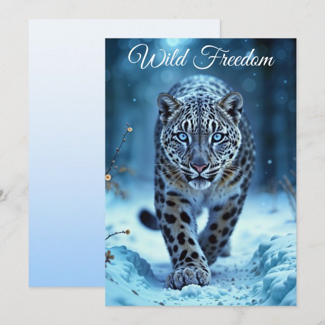 Snow leopard winter majestic blue-eyed predator invitation (Front/Back)