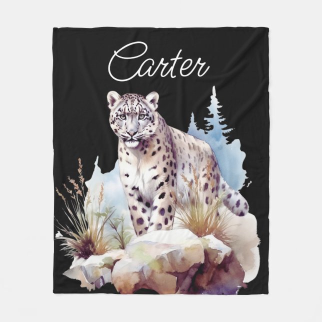 Snow Leopard Winter Mountain Personalised Fleece Blanket (Front)