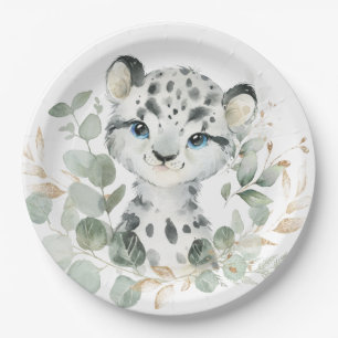 Snow Leopard Winter Onederland Arctic Greenery Paper Plate