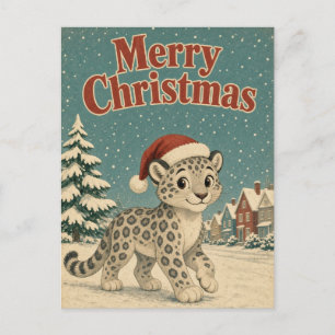 Snow Leopard Winter Village Animal Christmas Postcard