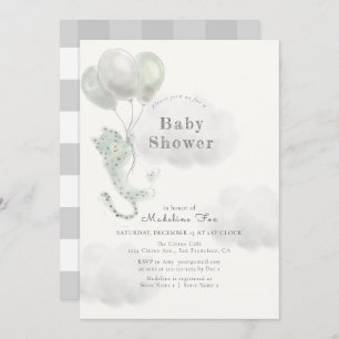 Snow Leopard with Balloons Grey Baby Shower Invitation