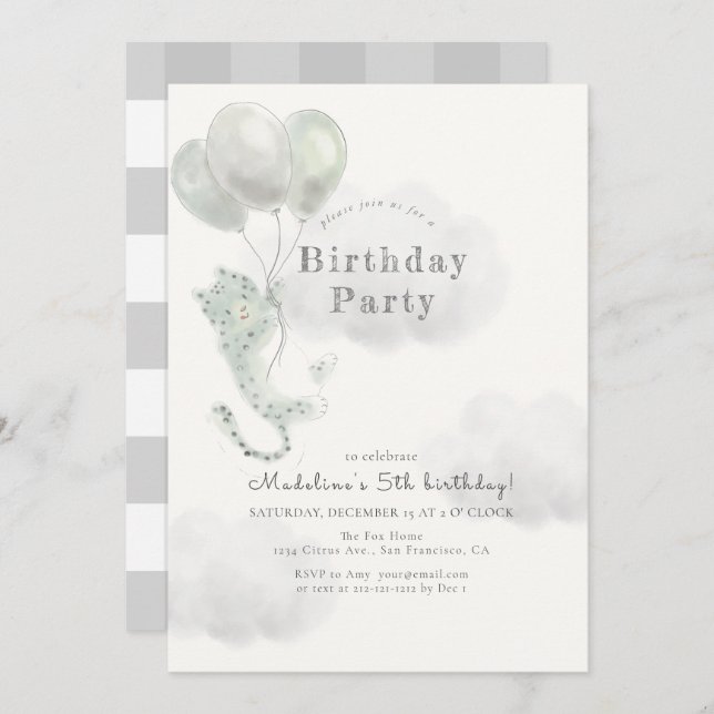 Snow Leopard with Balloons Grey Birthday Invitation (Front/Back)
