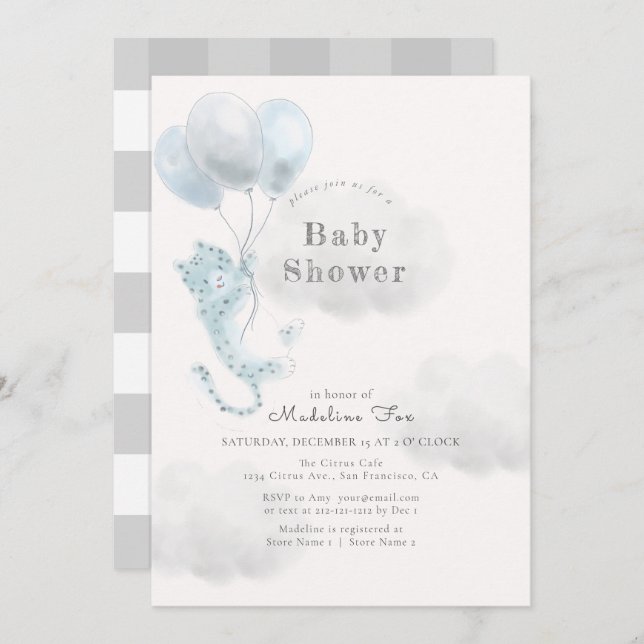 Snow Leopard with Blue Balloons Boy Baby Shower Invitation (Front/Back)