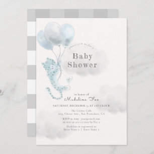 Snow Leopard with Blue Balloons Boy Baby Shower Invitation