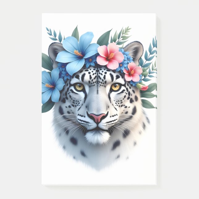 Snow Leopard with Blue & Pink Floral Crown Noteboo Post-it Notes (Front)