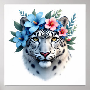 Snow Leopard with Blue & Pink Floral Crown Poster
