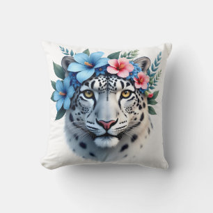 Snow Leopard with Blue & Pink Floral Crown Throw P Cushion