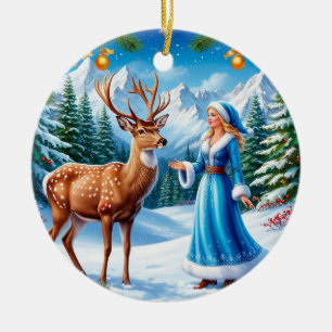 Snow Maiden Enchanting Winter Scene Ceramic Ornament