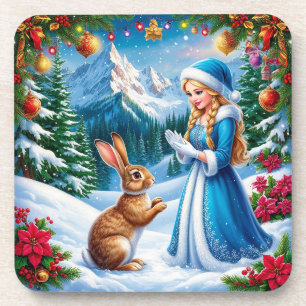 Snow Maiden in Winter Woodland Scene With rabbit Coaster