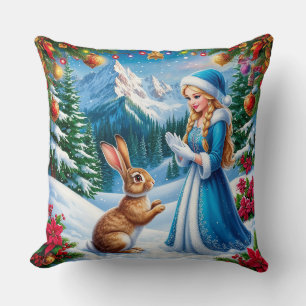 Snow Maiden in Winter Woodland Scene With rabbit Cushion