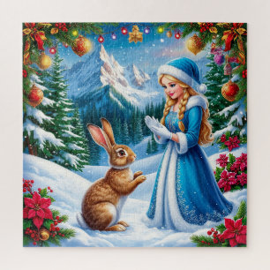 Snow Maiden in Winter Woodland Scene With rabbit Jigsaw Puzzle