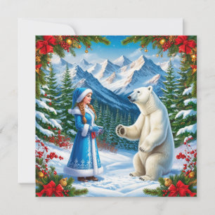 Snow Maiden with Festive Decor and Polar Bear Holiday Card