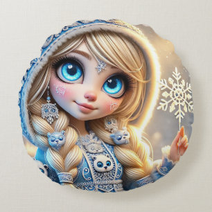 Snow Maiden With Glittering Snowflake Round Cushion