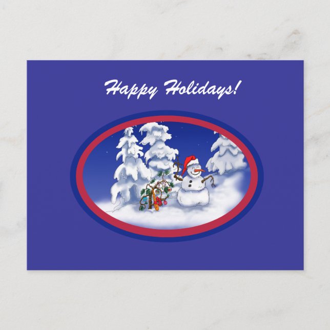 Snow man gets a Christmas gift Holiday Postcard (Front)