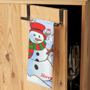 Snow man on blue background and snowflakes tea towel