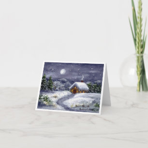 Snow Moon Winter Cottage Landscape Art Note Card