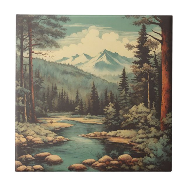 Snow Mountain Forest River Rocks Landscape  Ceramic Tile (Front)