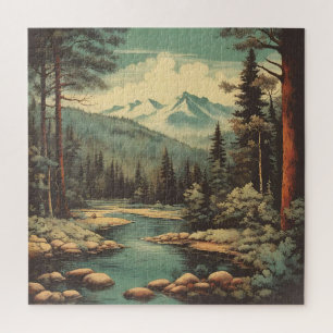 Snow Mountain Forest River Rocks Landscape  Jigsaw Puzzle